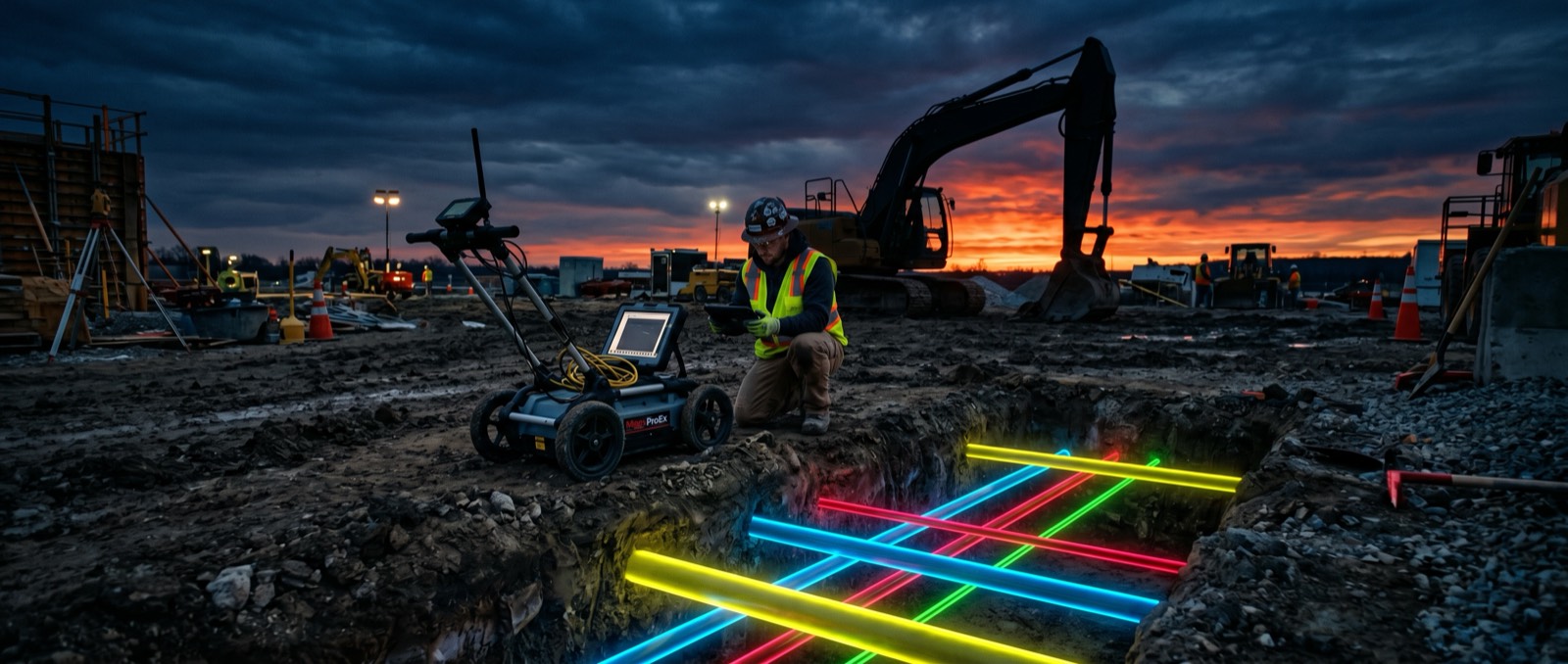 Illustration: GPR operator scanning a jobsite at dusk, buried utilities glowing in APWA colors — utility marking guide by Errol Kerr