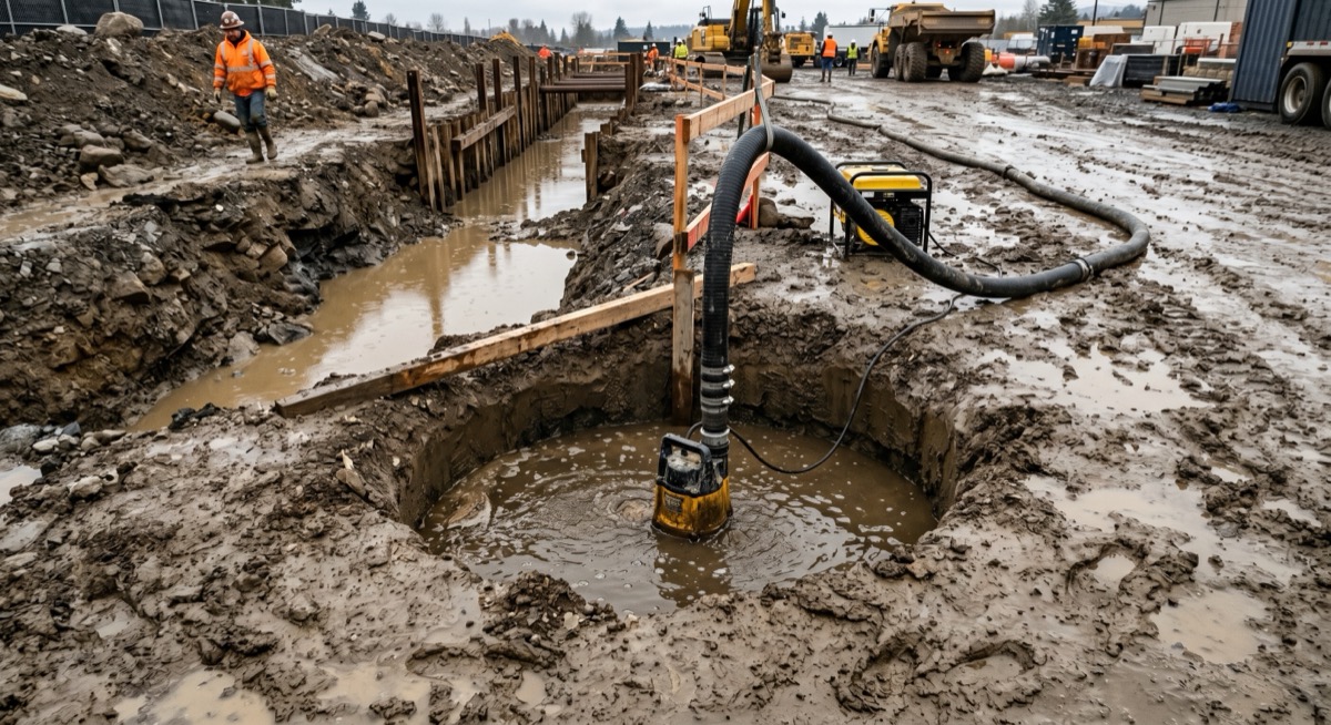 Submersible pump working in a round sump pit on a muddy jobsite, discharge hose running out to a generator, shored trench behind