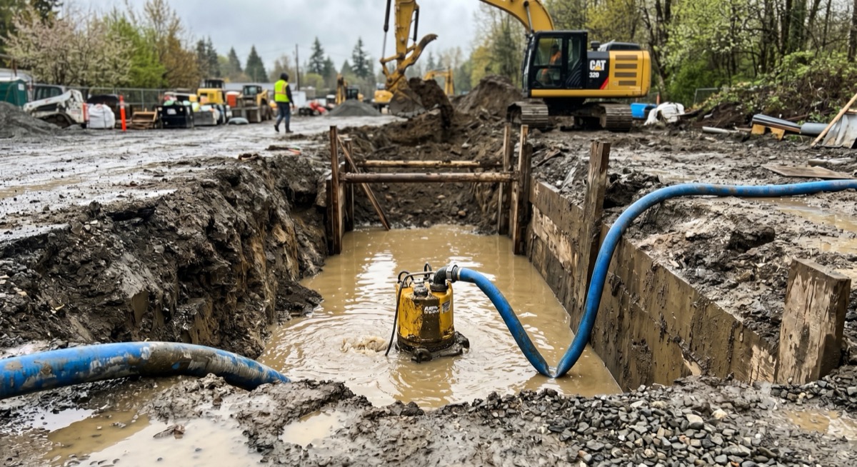 Submersible pump running in a flooded shored trench with discharge hoses out while the excavator keeps digging — construction dewatering guide by Errol Kerr