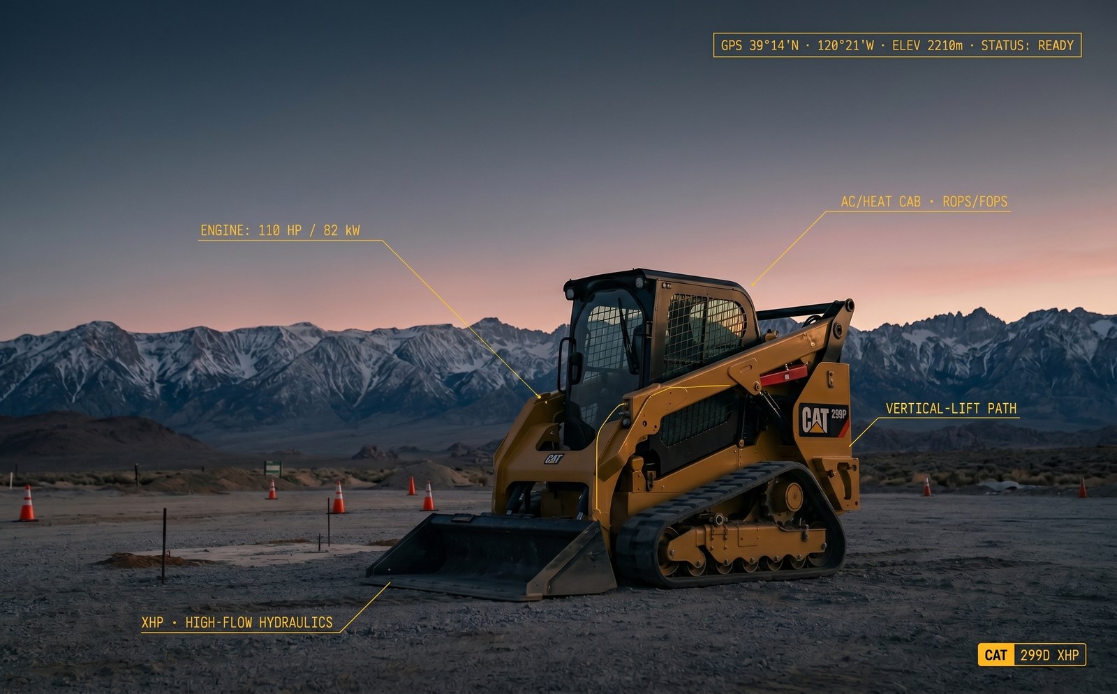 CAT 299D compact track loader on a graded jobsite at sunset during a long summer workday in Truckee California