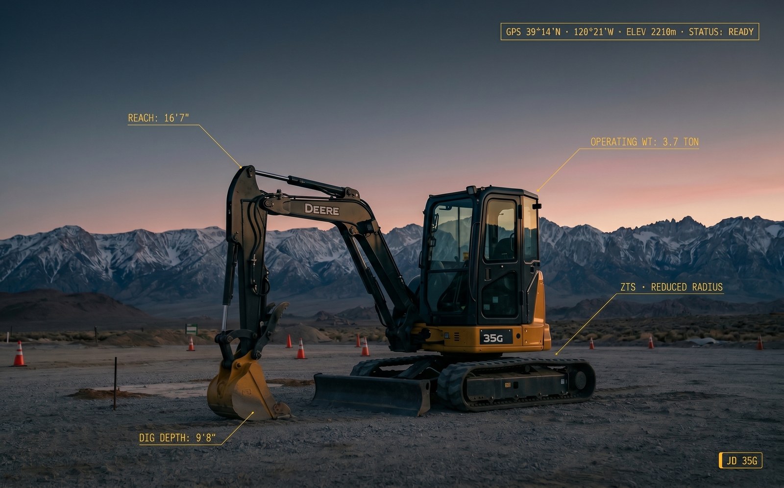 John Deere 35G mini excavator at sunset on a Truckee jobsite during a long summer workday