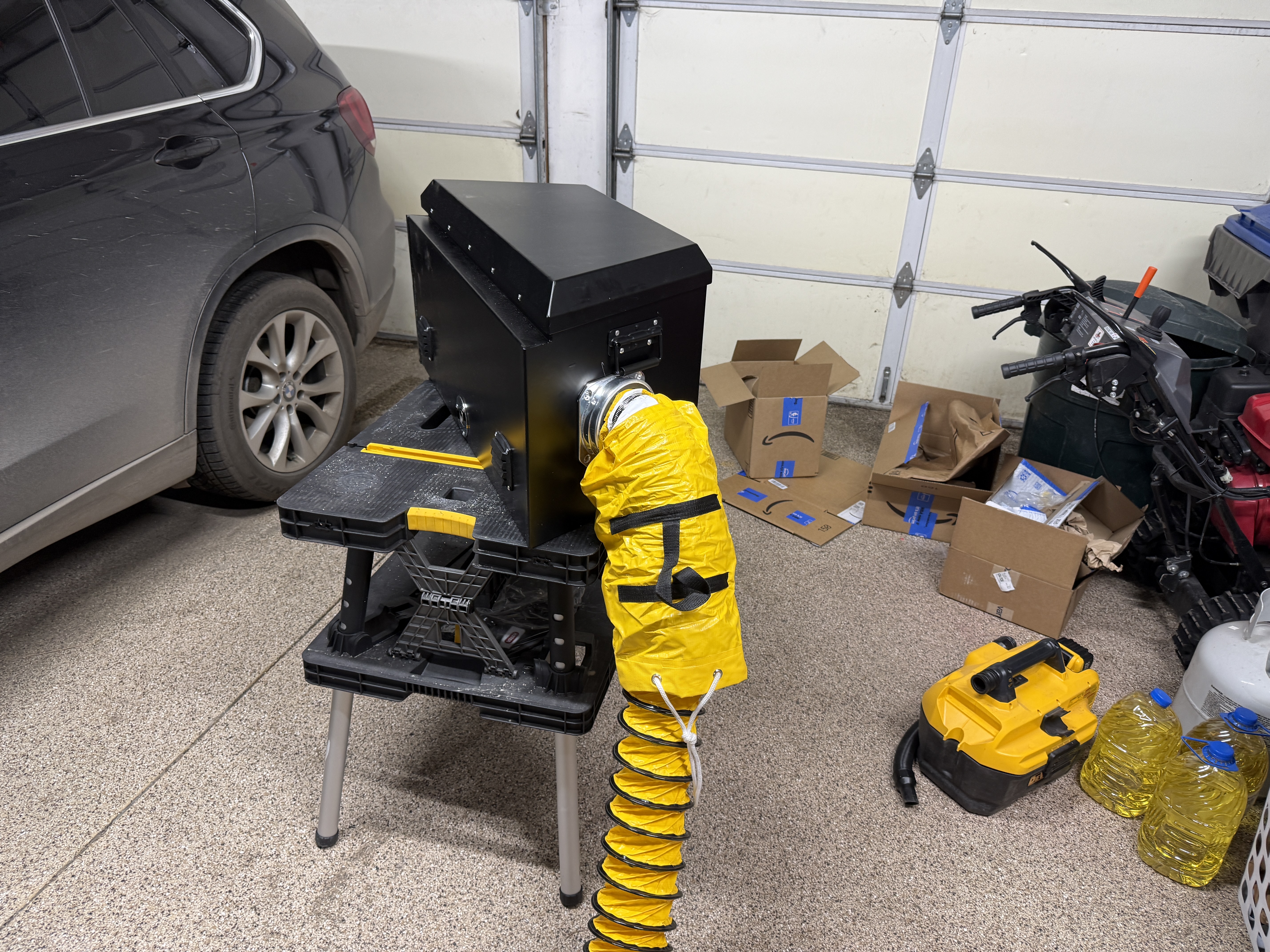 Complete diesel heater station setup with yellow ductwork connected