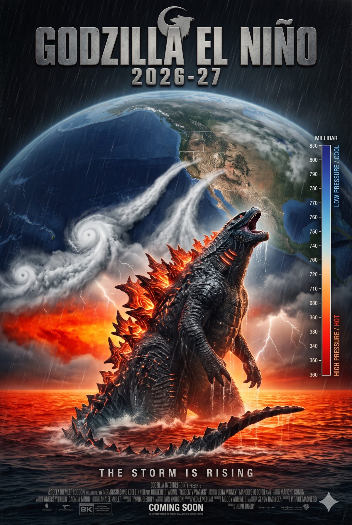 Movie-poster style illustration of Godzilla rising from glowing red El Niño waters in the equatorial Pacific, pushing storm systems toward California