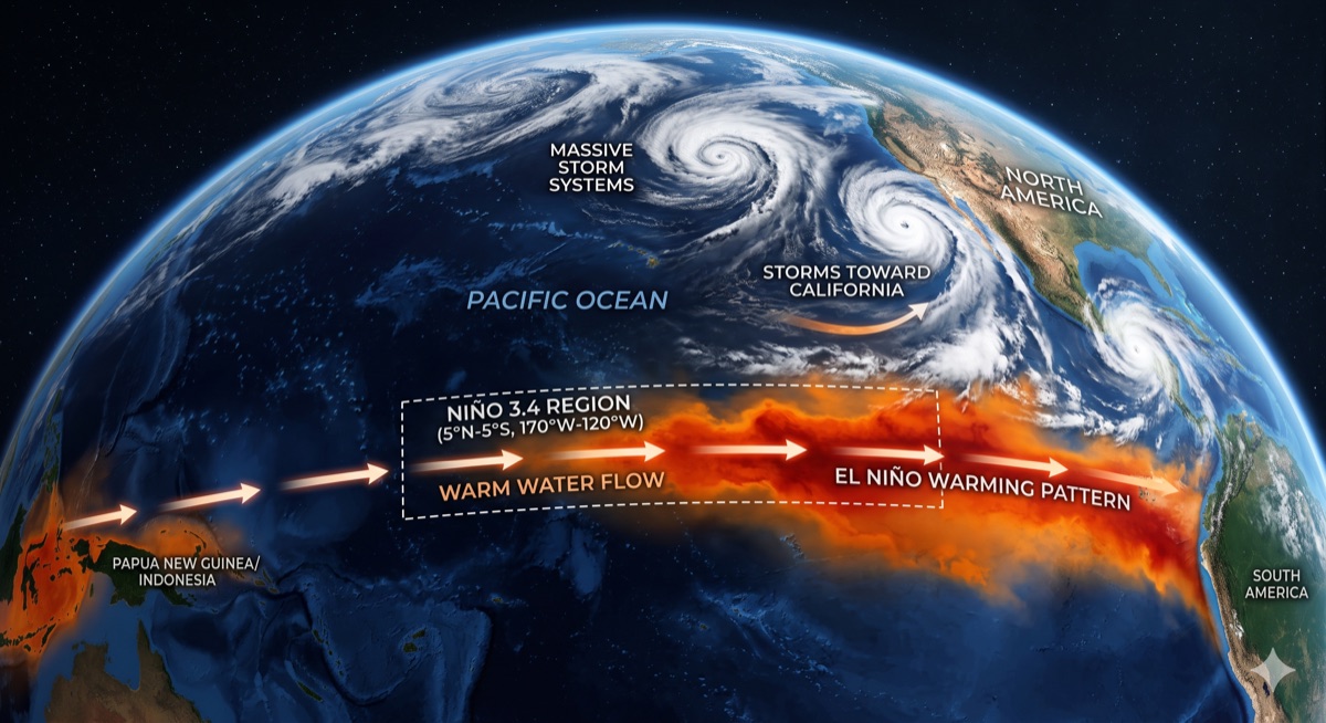 Illustration of the equatorial Pacific from space showing warm water flowing east through the Nino 3.4 region and storm systems aimed at California
