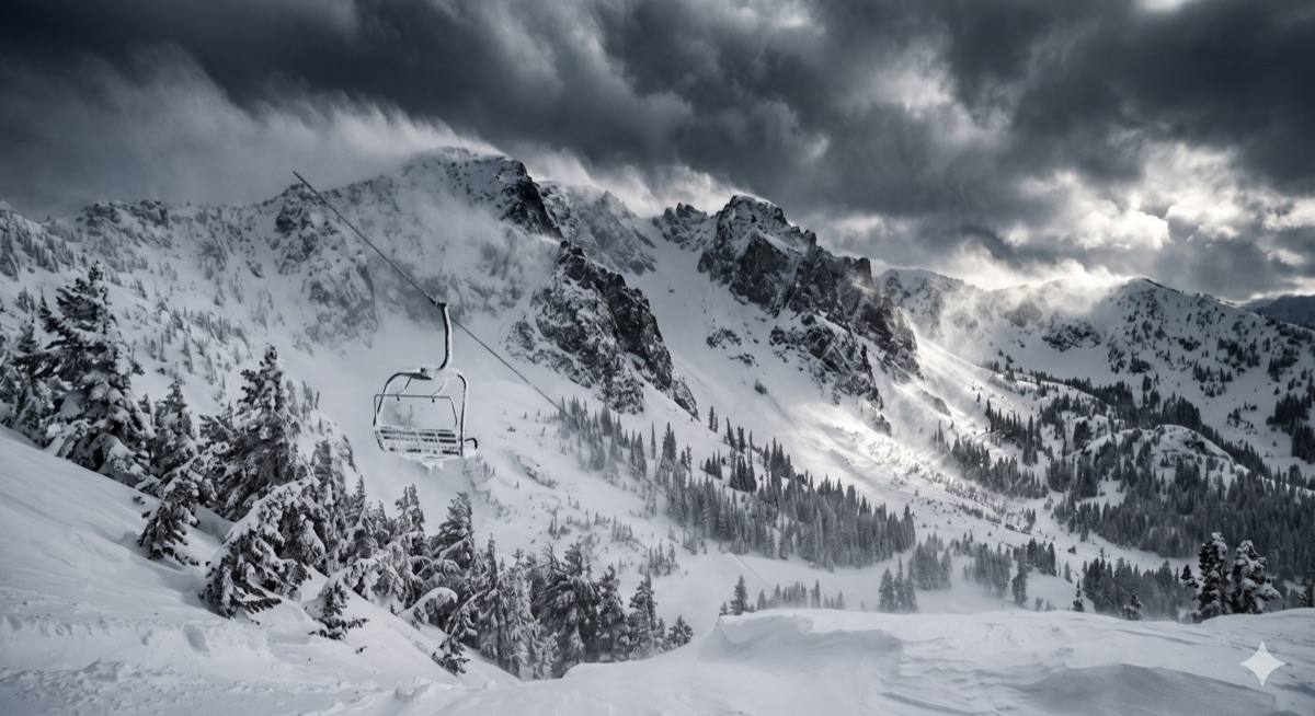 Dark storm clouds over a snow-loaded Sierra ridgeline, wind stripping snow off the peaks above an empty chairlift