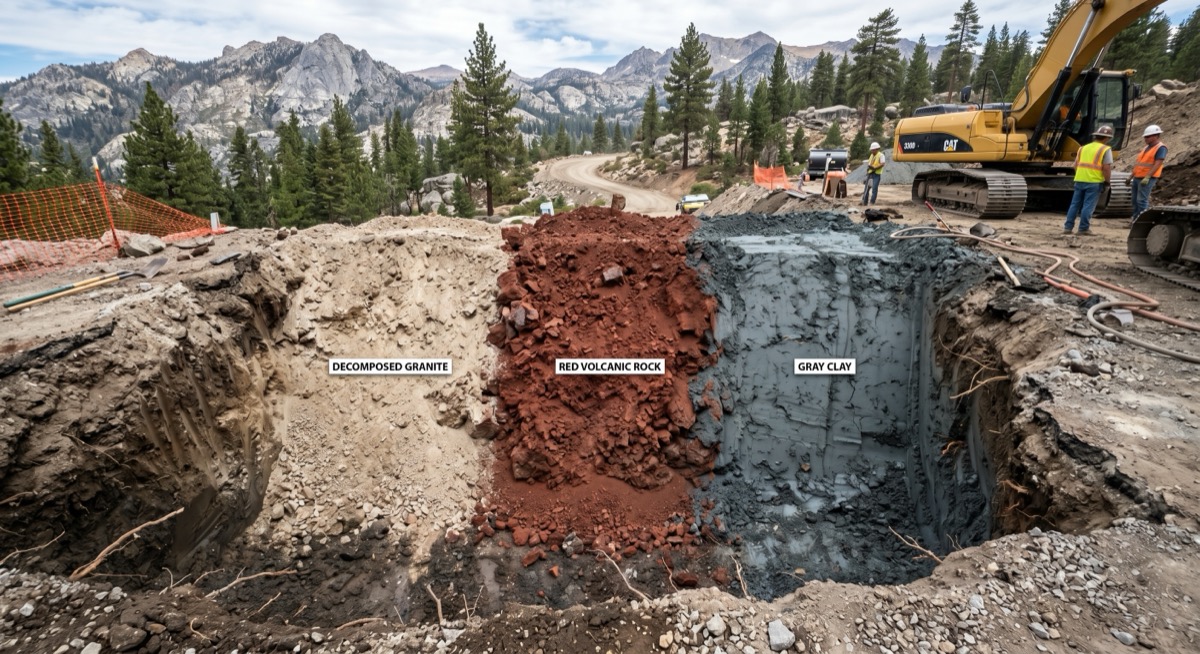 Illustration: excavated pit with labeled bands of decomposed granite, red volcanic rock, and gray clay side by side — CAT excavator and Sierra peaks behind — soil types guide by Errol Kerr