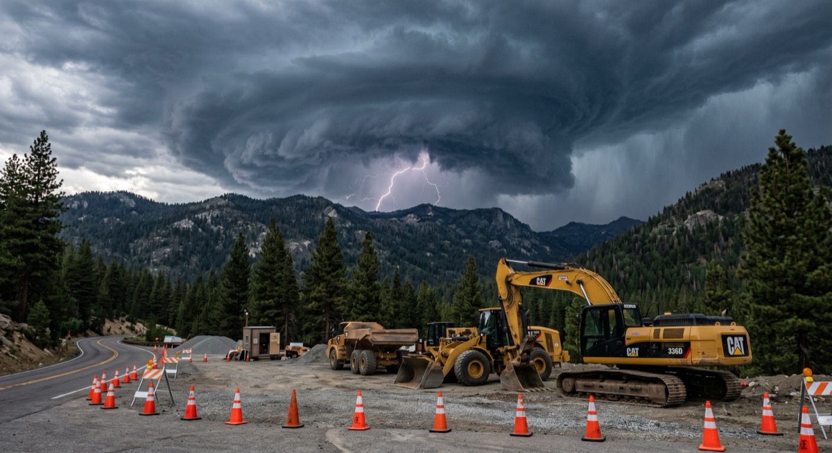 Summer thunderstorm building over a construction site in Truckee California — Sierra Nevada storm season safety for excavation crews