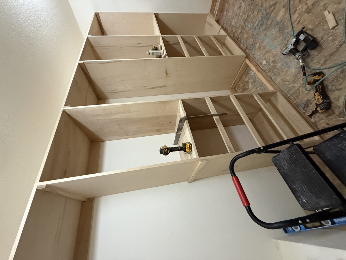 Completed walk-in closet with custom plywood built-ins and hanging runs