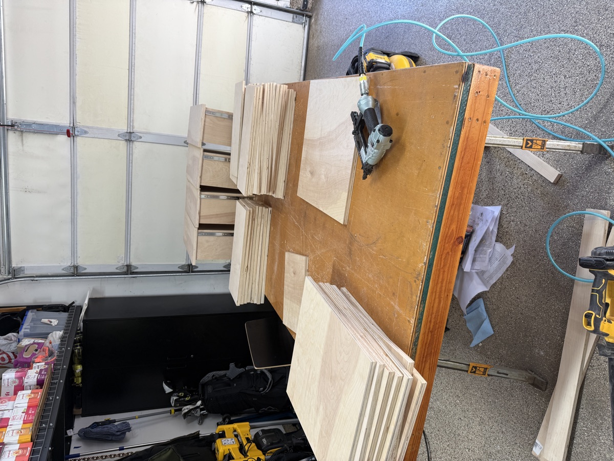 Completed shelving towers with drawers in the shop