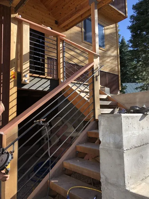 Custom railing and balustrade fabrication by CC Welding — stone-step handrails, cable rail and picket panels for Tahoe homes (photo 132 of 152)